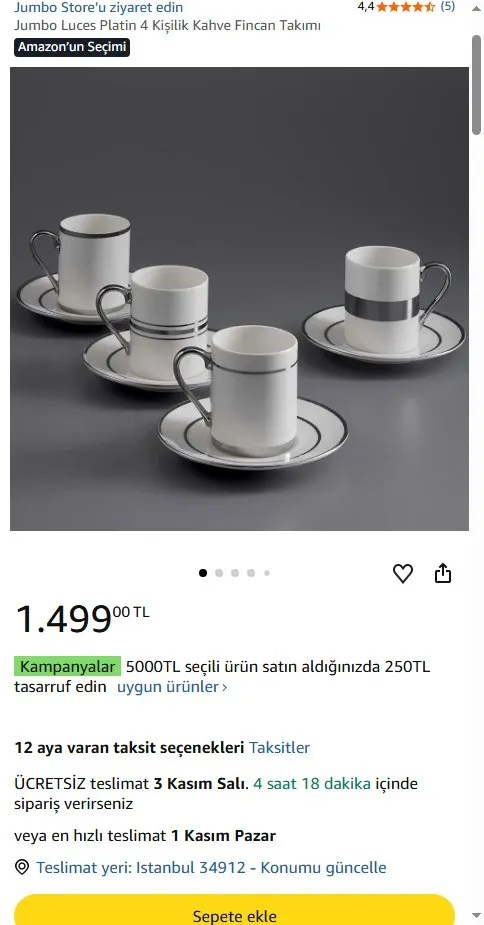 Jumbo Luces Platin 4 Kişilik Kahve Fincan Takımı