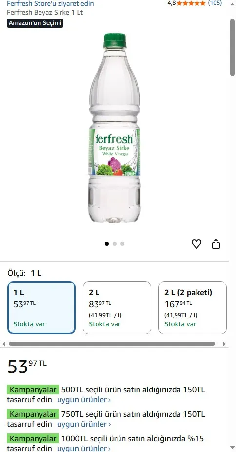 Ferfresh Beyaz Sirke 1 Lt