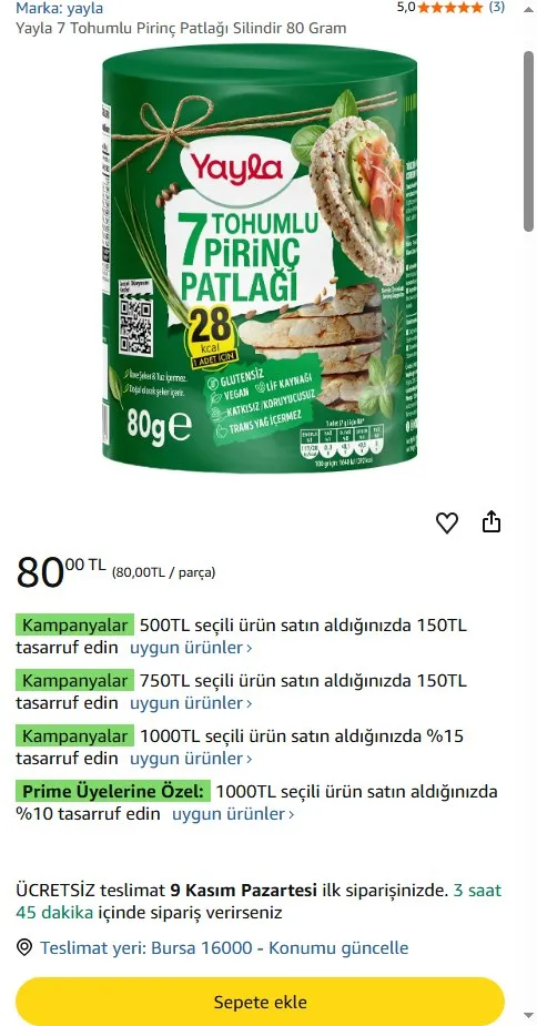 Yayla 7 Tohumlu Pirinç Patlağı Silindir 80 Gram