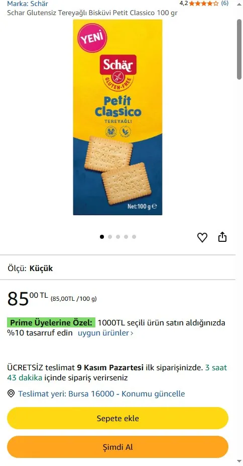 Schar Glutensiz Tereyağlı Bisküvi Petit Classico 100 gr
