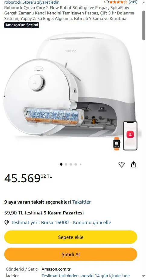 Roborock Qrevo Curv 2 Flow Robot Süpürge ve Paspas, SpiraFlow Gerçek Zamanlı Kendi Kendini Temizleyen Paspas, Çift Sıfır Dolanma Sistemi, Yapay Zeka Engel Algılama, Isıtmalı Yıkama ve Kurutma