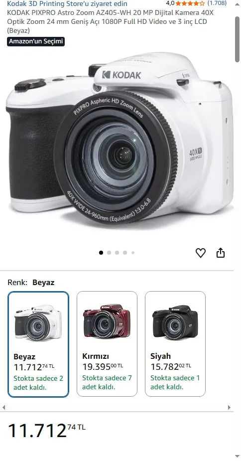 KODAK PIXPRO Astro Zoom AZ405-WH 20 MP Dijital Kamera 40X Optik Zoom 24 mm Geniş Açı 1080P Full HD Video ve 3 inç LCD (Beyaz)
