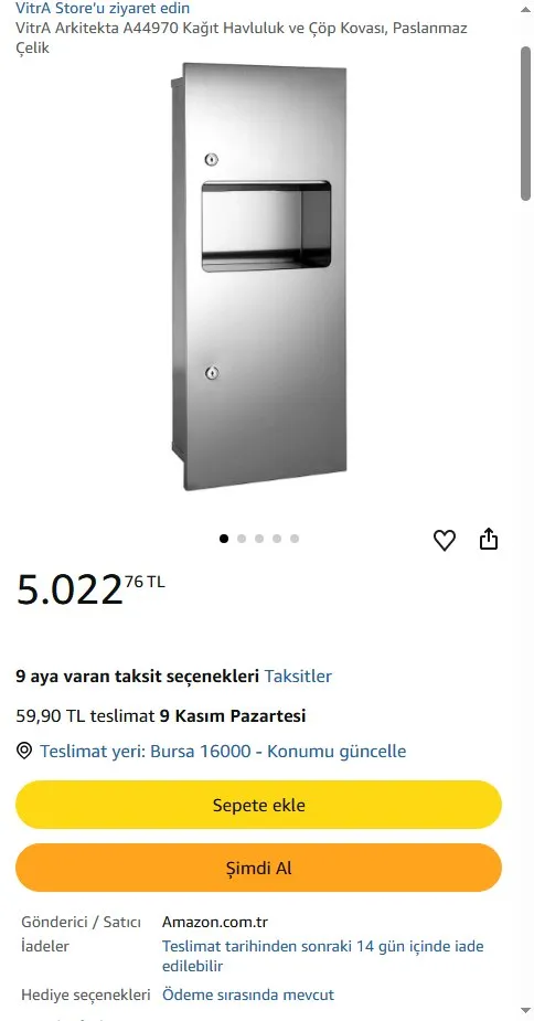 VitrA Arkitekta A44970 Kağıt Havluluk ve Çöp Kovası, Paslanmaz Çelik
