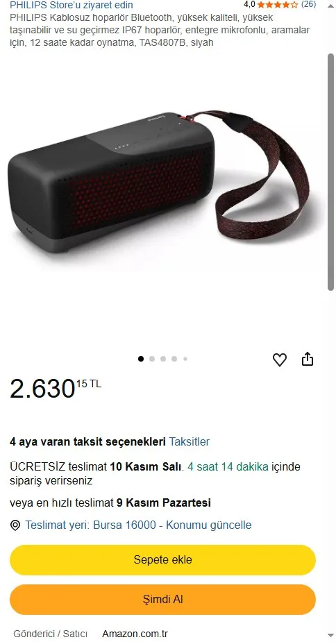 PHILIPS Kablosuz hoparlör Bluetooth, yüksek kaliteli, yüksek taşınabilir ve su geçirmez IP67 hoparlör, entegre mikrofonlu, aramalar için, 12 saate kadar oynatma, TAS4807B, siyah