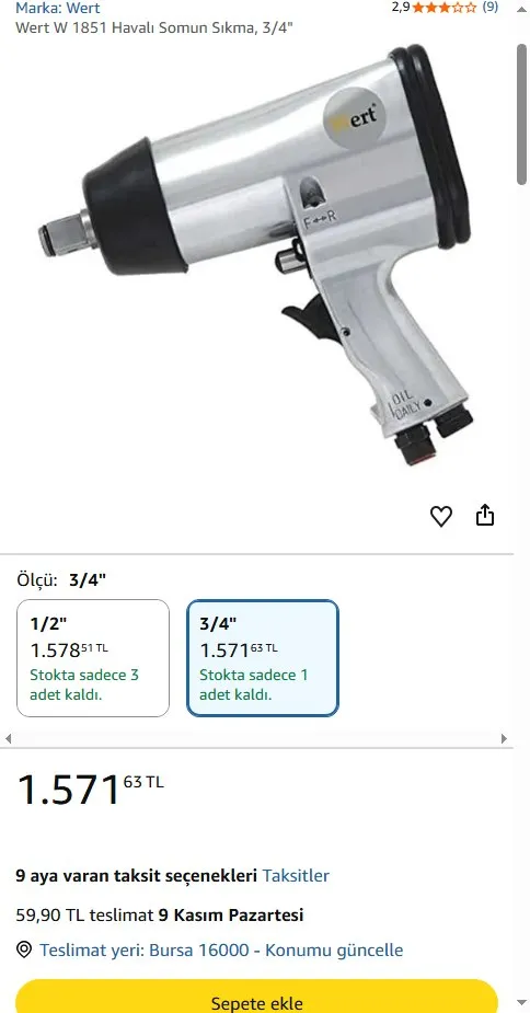 Wert W 1851 Havalı Somun Sıkma, 3/4"