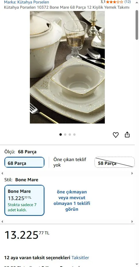 Kütahya Porselen 10372 Bone Mare 68 Parça 12 Kişilik Yemek Takımı