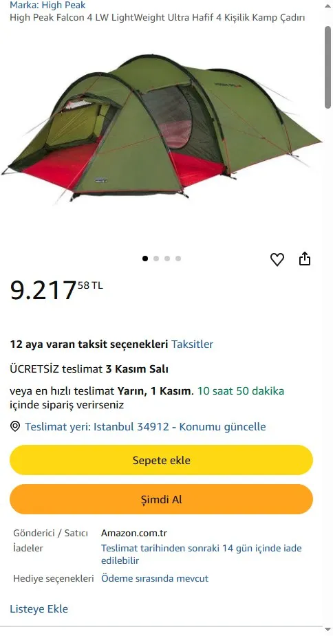 High Peak Falcon 4 LW LightWeight Ultra Hafif 4 Kişilik Kamp Çadırı