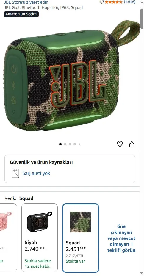 JBL Go5, Bluetooth Hoparlör, IP68, Squad