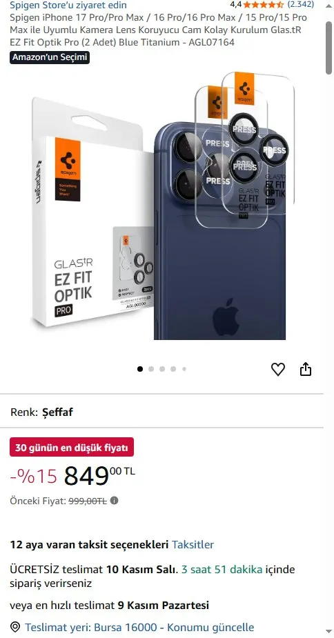 Spigen iPhone 17 Pro/Pro Max / 16 Pro/16 Pro Max / 15 Pro/15 Pro Max ile Uyumlu Kamera Lens Koruyucu Cam Kolay Kurulum Glas.tR EZ Fit Optik Pro (2 Adet) Blue Titanium - AGL07164
