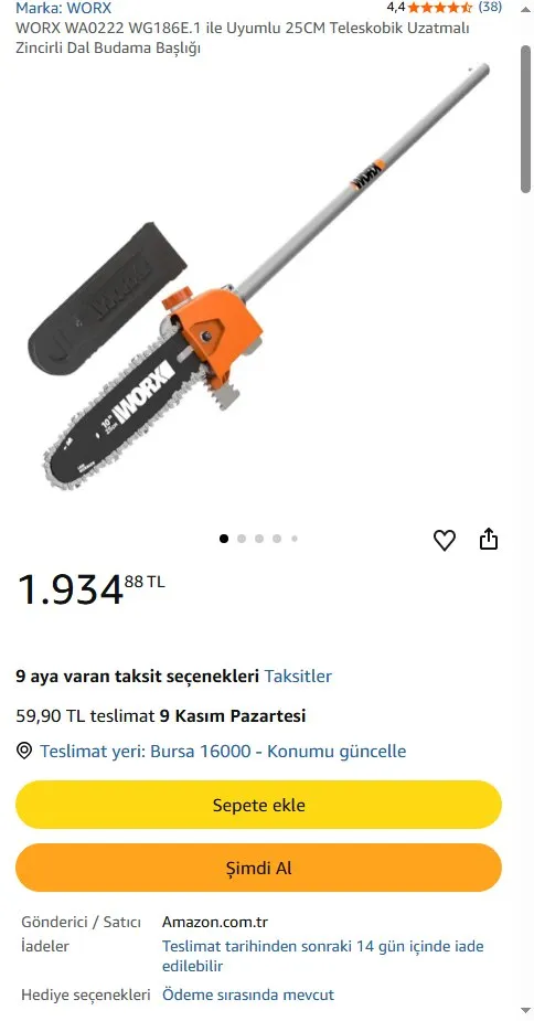 WORX WA0222 WG186E.1 ile Uyumlu 25CM Teleskobik Uzatmalı Zincirli Dal Budama Başlığı