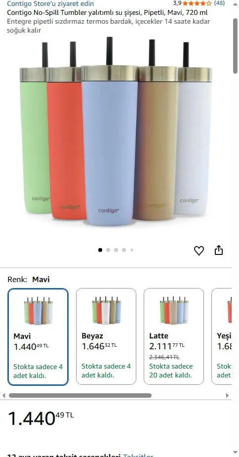 Contigo No-Spill Tumbler yalıtımlı su şişesi, Pipetli, Mavi, 720 ml