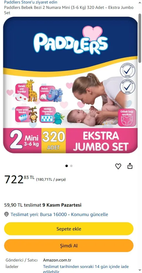 Paddlers Bebek Bezi 2 Numara Mini (3-6 Kg) 320 Adet – Ekstra Jumbo Set