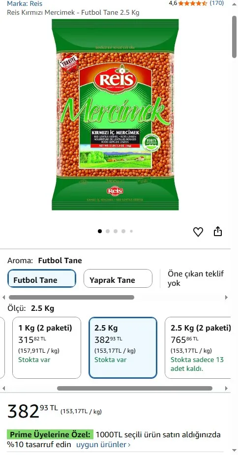 Reis Kırmızı Mercimek - Futbol Tane 2.5 Kg