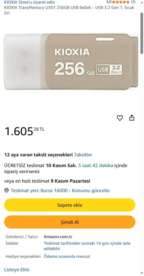 KIOXIA TransMemory U301 256GB USB Bellek – USB 3.2 Gen 1, Sıcak Gri