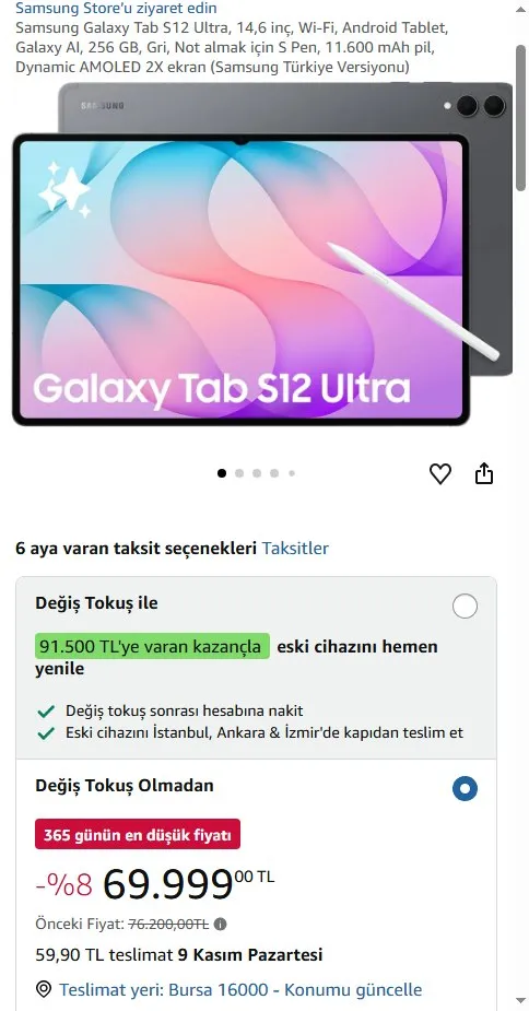 Samsung Galaxy Tab S12 Ultra, 14,6 inç, Wi-Fi, Android Tablet, Galaxy AI, 256 GB, Gri, Not almak için S Pen, 11.600 mAh pil, Dynamic AMOLED 2X ekran (Samsung Türkiye Versiyonu)