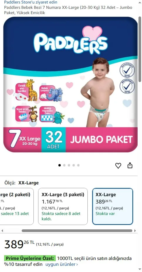 Paddlers Bebek Bezi 7 Numara XX-Large (20-30 Kg) 32 Adet – Jumbo Paket, Yüksek Emicilik