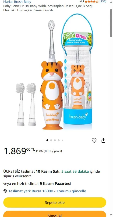 Baby Sonic Brush-Baby WildOnes Kaplan Desenli Çocuk Şarjlı Elektrikli Diş Fırçası, Zamanlayıcılı