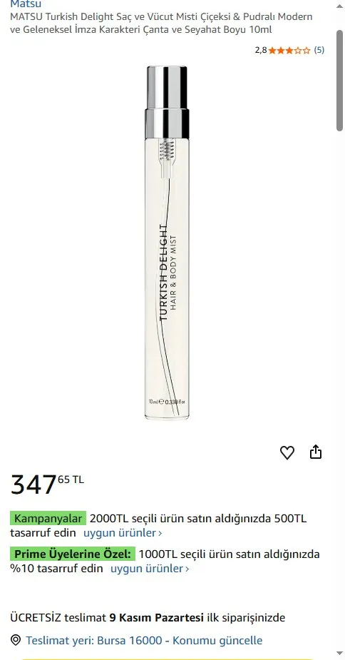 MATSU Turkish Delight Saç ve Vücut Misti Çiçeksi & Pudralı Modern ve Geleneksel İmza Karakteri Çanta ve Seyahat Boyu 10ml