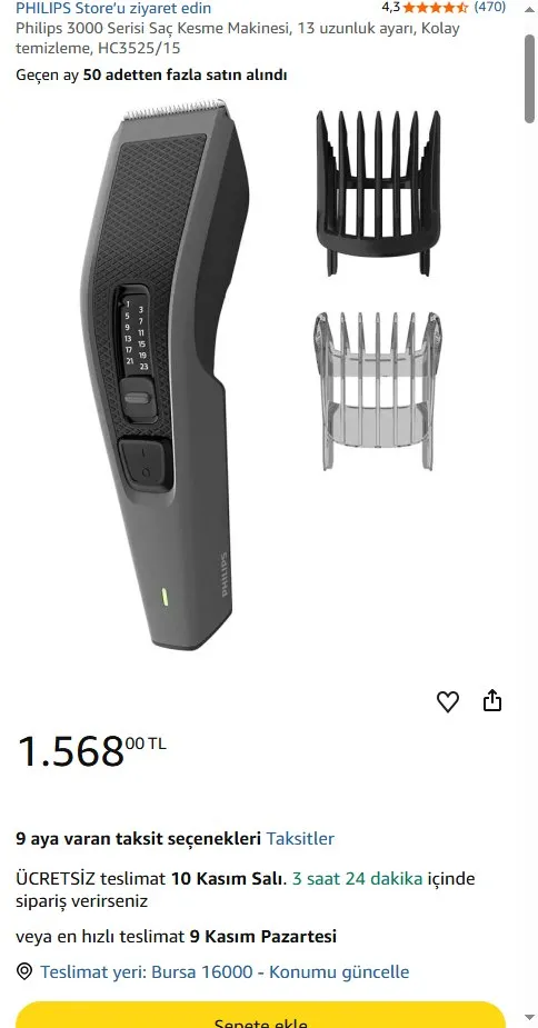 Philips 3000 Serisi Saç Kesme Makinesi, 13 uzunluk ayarı, Kolay temizleme, HC3525/15