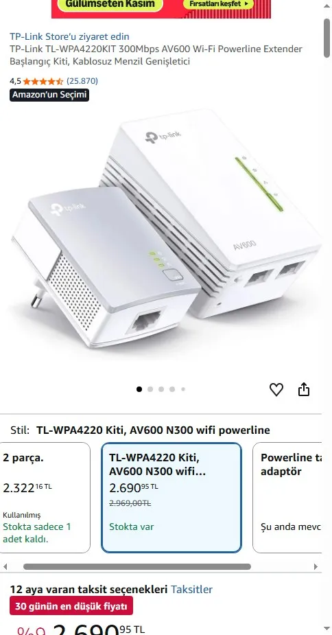TP-Link TL-WPA4220KIT 300Mbps AV600 Wi-Fi Powerline Extender Başlangıç Kiti, Kablosuz Menzil Genişletici