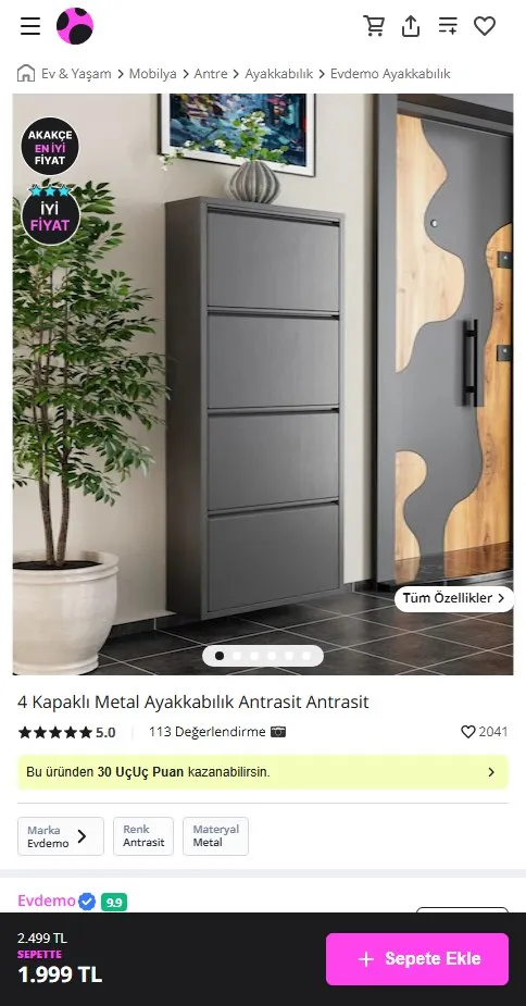 4 Kapaklı Metal Ayakkabılık Antrasit Antrasit