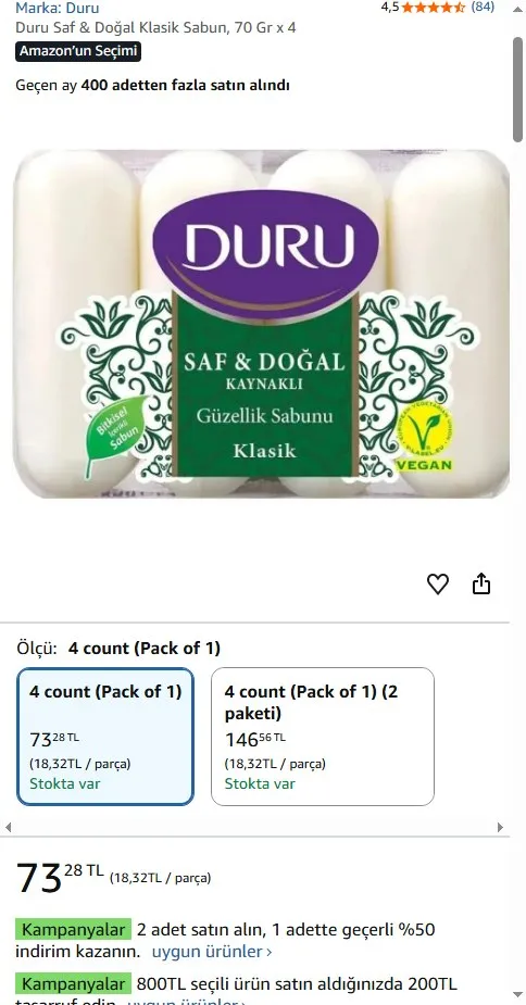 Duru Saf & Doğal Klasik Sabun, 70 Gr x 4