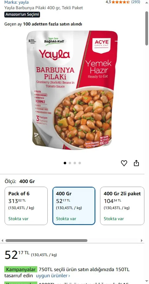 Yayla Barbunya Pilaki 400 gr, Tekli Paket