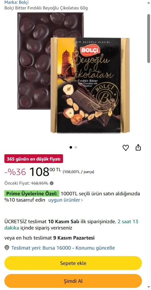 Bolçi Bitter Fındıklı Beyoğlu Çikolatası 60g