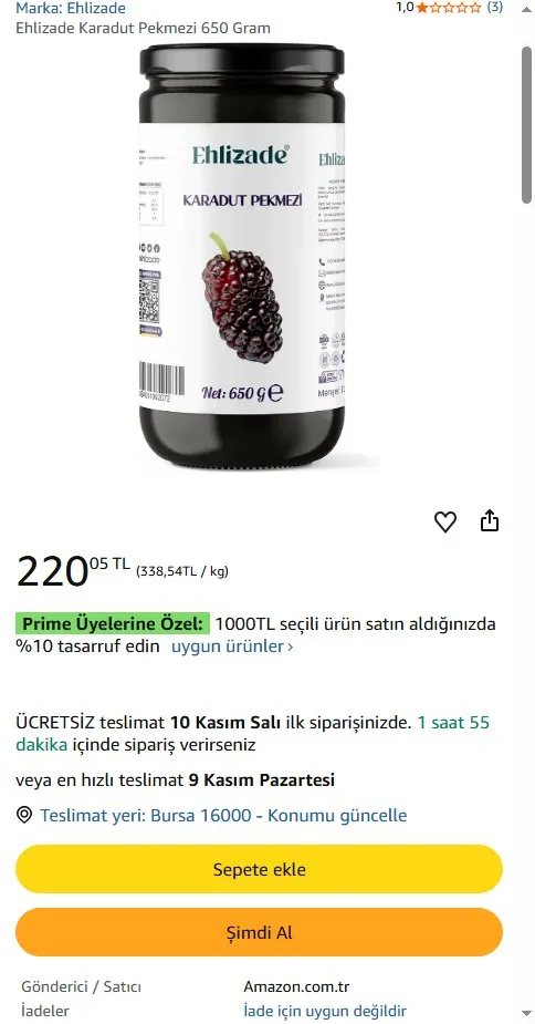 Ehlizade Karadut Pekmezi 650 Gram