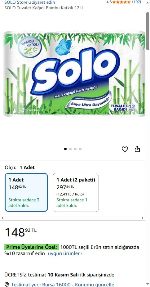 SOLO Tuvalet Kağıdı Bambu Katkılı 12'li