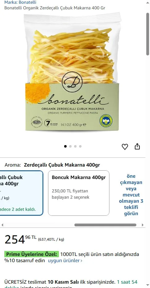 Bonatelli Organik Zerdeçallı Çubuk Makarna 400 Gr