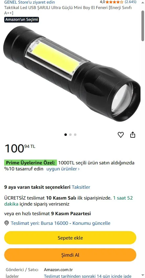Taktikal Led USB ŞARJLI Ultra Güçlü Mini Boy El Feneri [Enerji Sınıfı A++]
