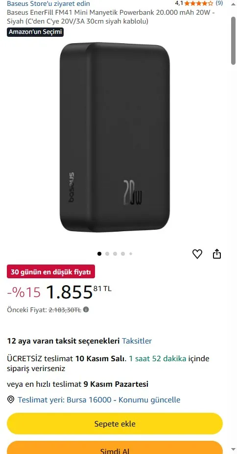 Baseus EnerFill FM41 Mini Manyetik Powerbank 20.000 mAh 20W - Siyah (C'den C'ye 20V/3A 30cm siyah kablolu)