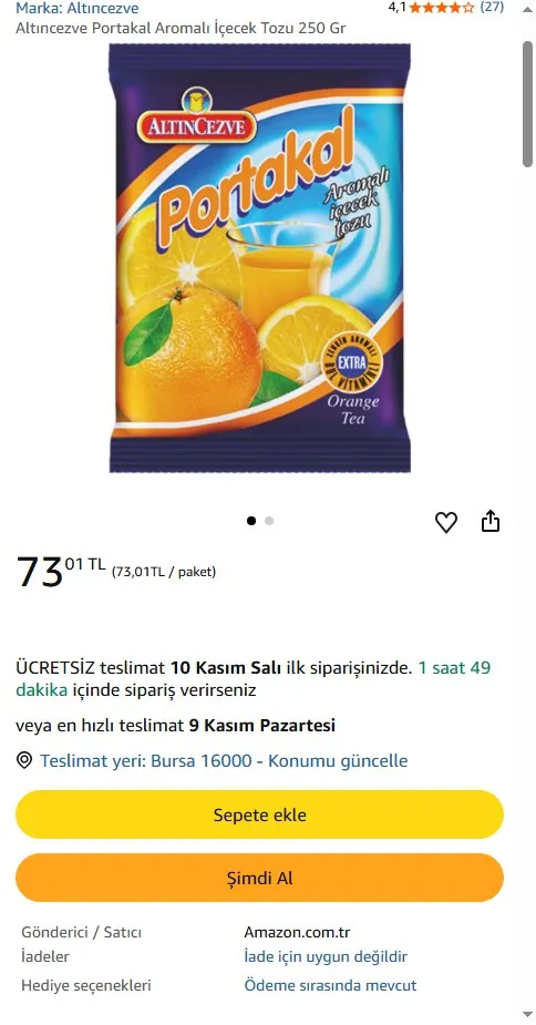 Altıncezve Portakal Aromalı İçecek Tozu 250 Gr