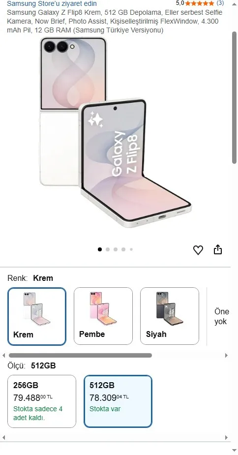 Samsung Galaxy Z Flip8 Krem, 512 GB Depolama, Eller serbest Selfie Kamera, Now Brief, Photo Assist, Kişiselleştirilmiş FlexWindow, 4.300 mAh Pil, 12 GB RAM (Samsung Türkiye Versiyonu)