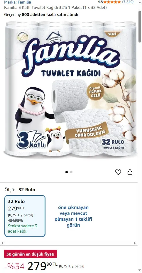 Familia 3 Katlı Tuvalet Kağıdı 32'li 1 Paket (1 x 32 Adet)