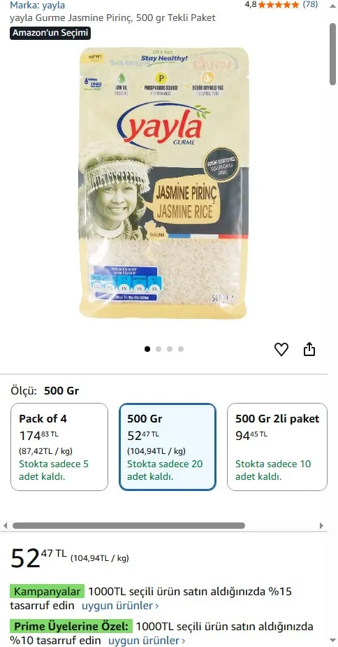yayla Gurme Jasmine Pirinç, 500 gr Tekli Paket