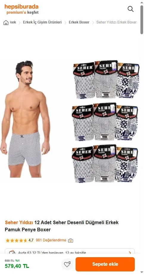 Seher Yıldızı 12 Adet Seher Desenli Düğmeli Erkek Pamuk Penye Boxer