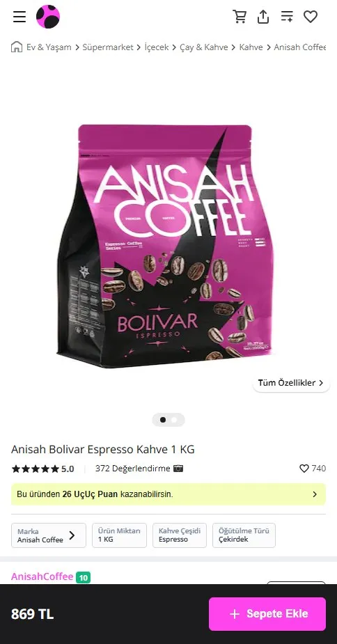 Anisah Bolivar Espresso Kahve 1 KG