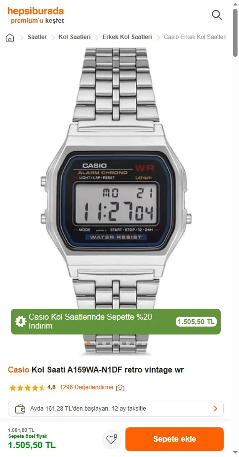 Casio Kol Saati A159WA-N1DF retro vintage wr