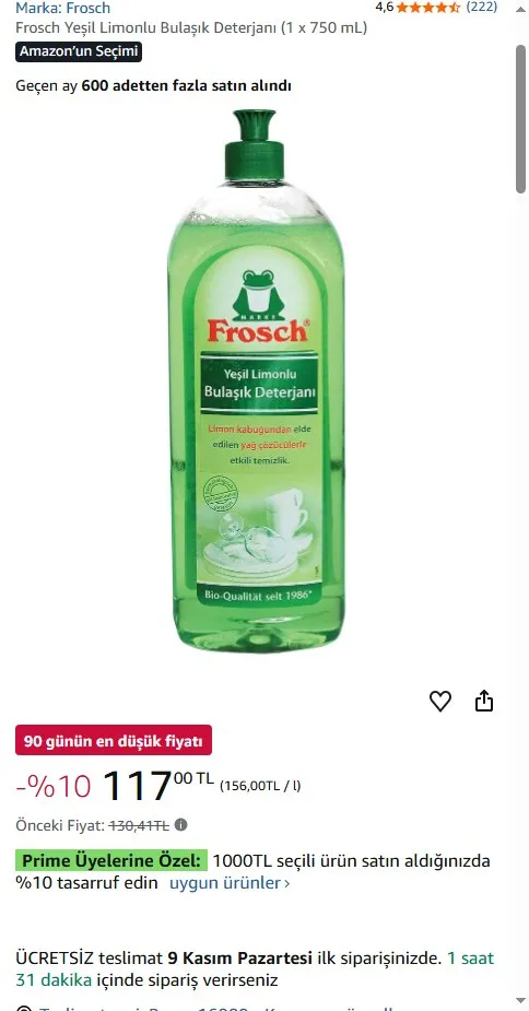 Frosch Yeşil Limonlu Bulaşık Deterjanı (1 x 750 mL)