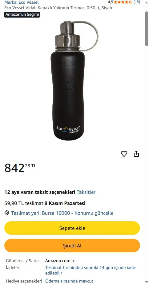 Eco Vessel Vidalı Kapaklı Yalıtımlı Termos, 0.50 lt, Siyah