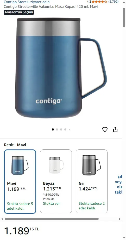 Contigo Streeterville VakumLu Masa Kupasi 420 mL Mavi