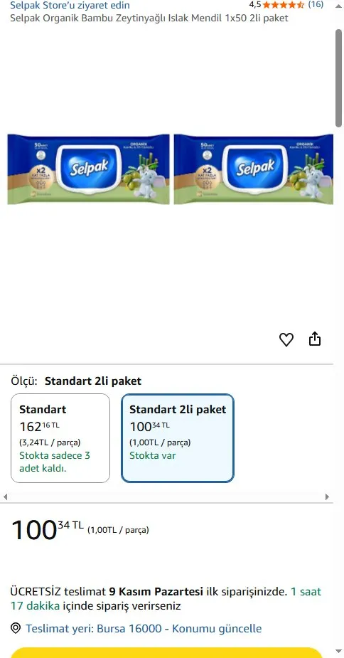Selpak Organik Bambu Zeytinyağlı Islak Mendil 1x50 2li paket