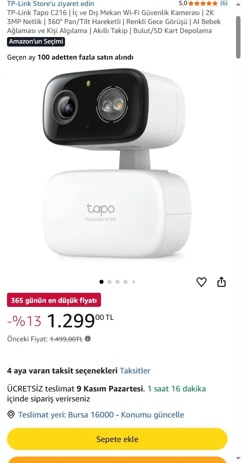 TP-Link Tapo C216 | İç ve Dış Mekan Wi-Fi Güvenlik Kamerası | 2K 3MP Netlik | 360° Pan/Tilt Hareketli | Renkli Gece Görüşü | AI Bebek Ağlaması ve Kişi Algılama | Akıllı Takip | Bulut/SD Kart Depolama