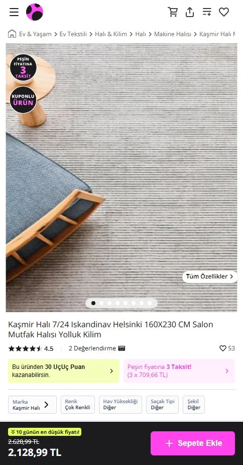 Kaşmir Halı 7/24 Iskandinav Helsinki 160X230 CM Salon Mutfak Halısı Yolluk Kilim