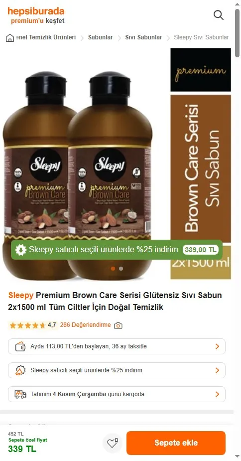 Sleepy Premium Brown Care Serisi Glütensiz Sıvı Sabun 2x1500 ml Tüm Ciltler İçin Doğal Temizlik
