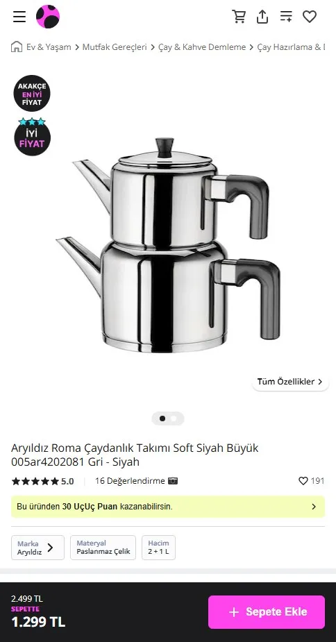 Aryıldız Roma Çaydanlık Takımı Soft Siyah Büyük 005ar4202081 Gri - Siyah
