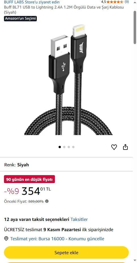 Buff BL71 USB to Lightning 2.4A 1.2M Örgülü Data ve Şarj Kablosu (Siyah)