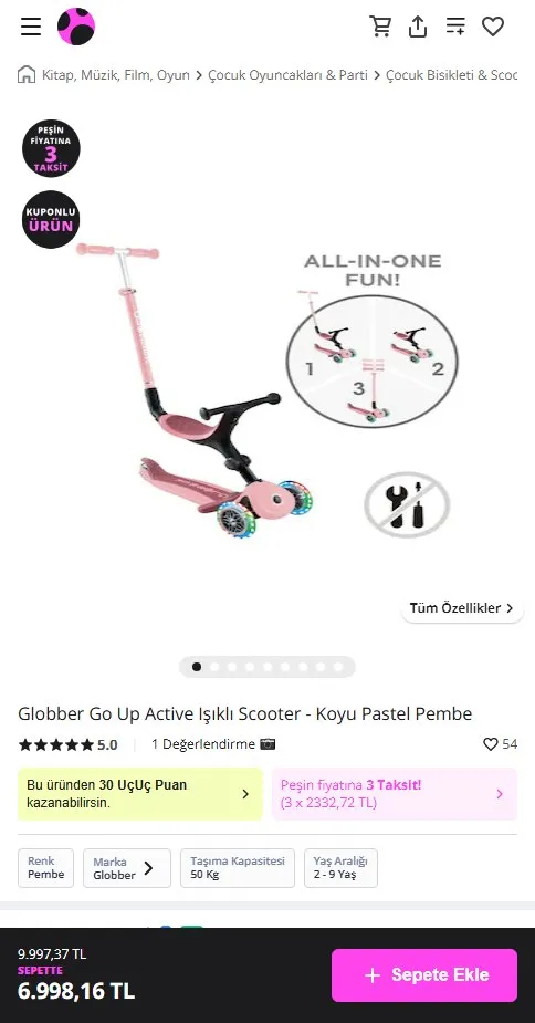 Globber Go Up Active Işıklı Scooter - Koyu Pastel Pembe